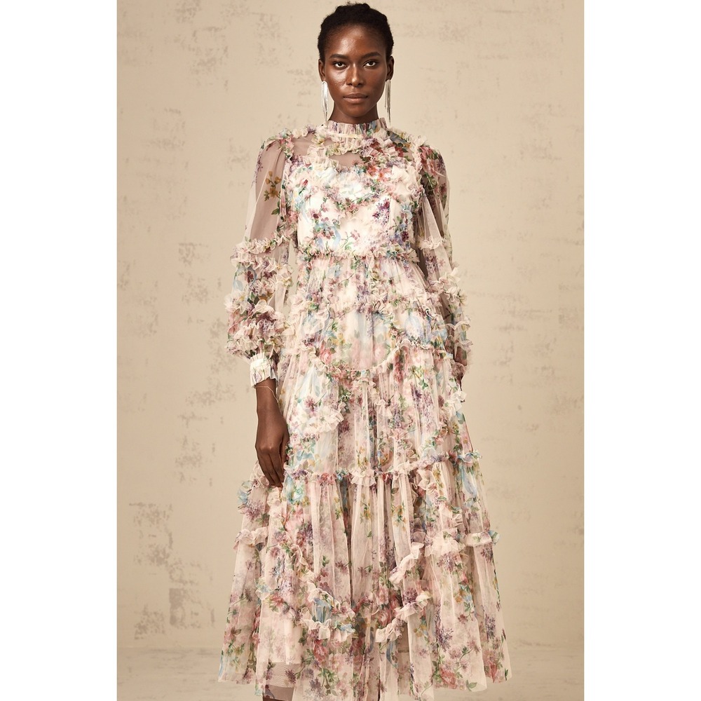 Boutique Floral Tulle Ruffle Midi Dress Pink Blue Long Sleeve Size XL